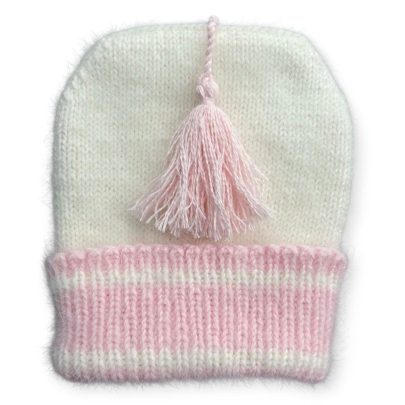 Czapka z pomponem - biała - różowy pompon